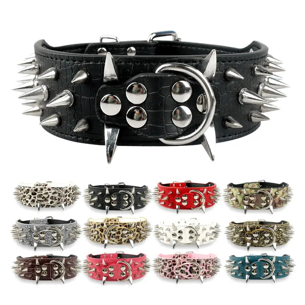 2" Wide Sharp Spiked Studded Leather Dog Collars Pitbull Bulldog Big Dog Collar Adjustable For Medium Large Dogs Boxer S M L XL