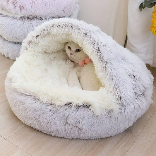 Soft Plush Pet Bed with Cover – Round Cat Bed & 2-in-1 Sleeping Nest for Small Dogs and Cats